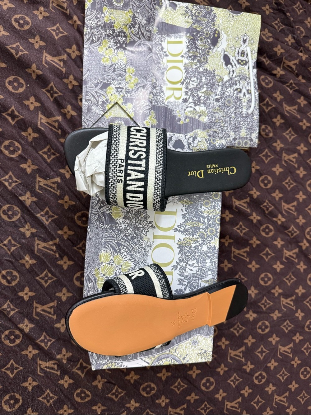 Dior Black and Cream Christian Dior Embroidered Slide Sandals - Picture 4 of 4